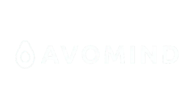Avomind logo with a white avocado outline and company name on a black background.