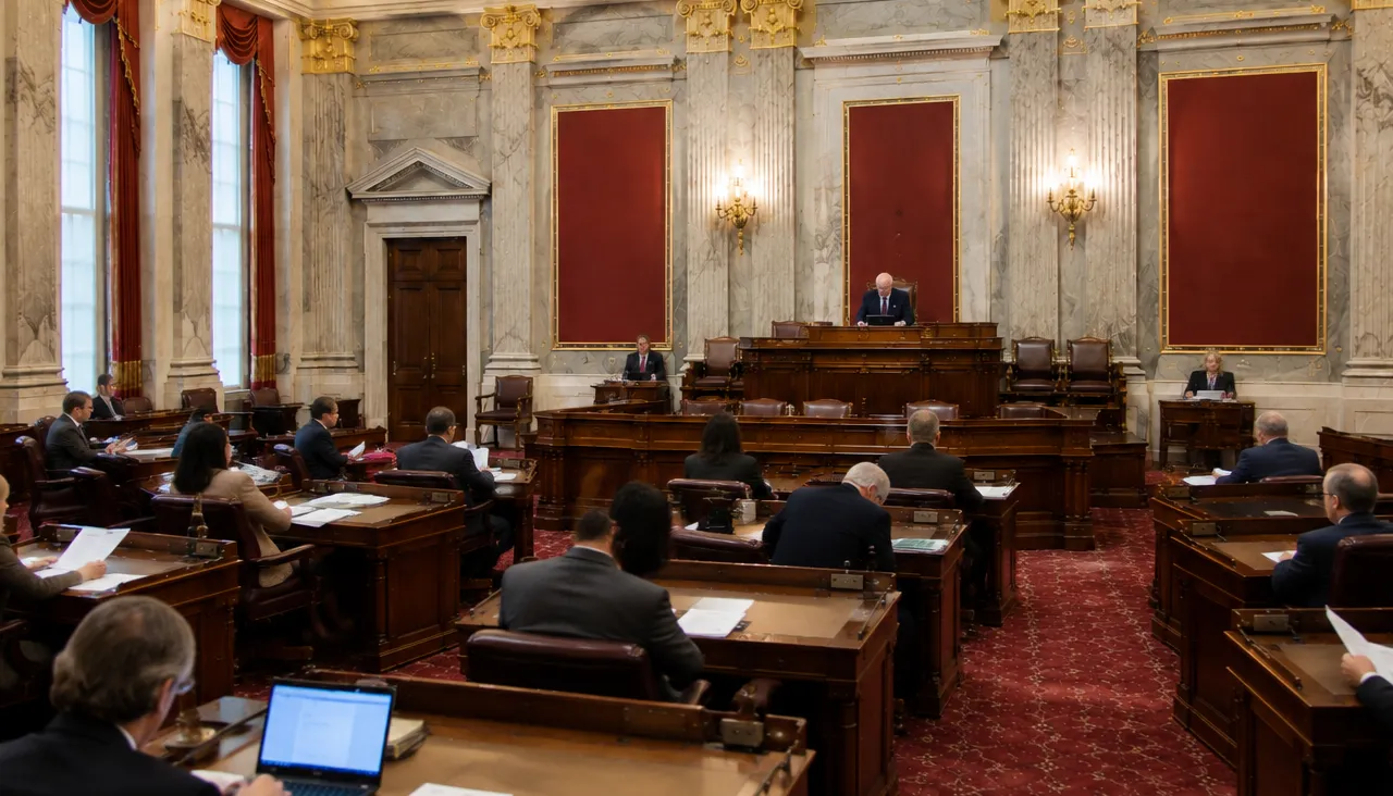 Lawmakers seated in a legislative chamber during a government session