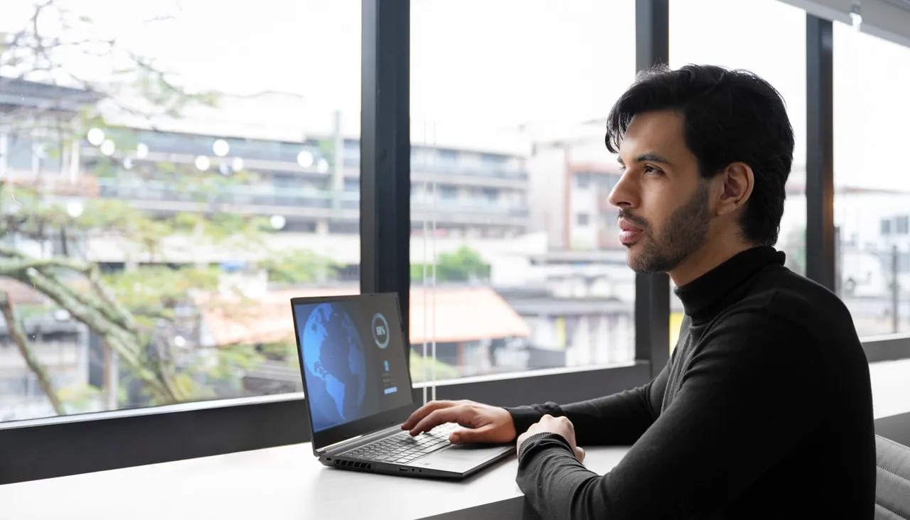 Business professional working on a laptop displaying a digital globe in a modern office
