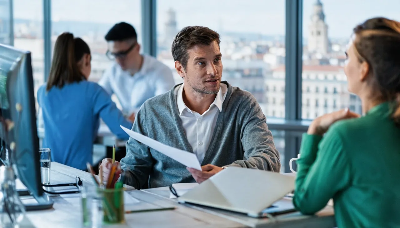 Business professionals discussing documents during a team meeting in a modern office