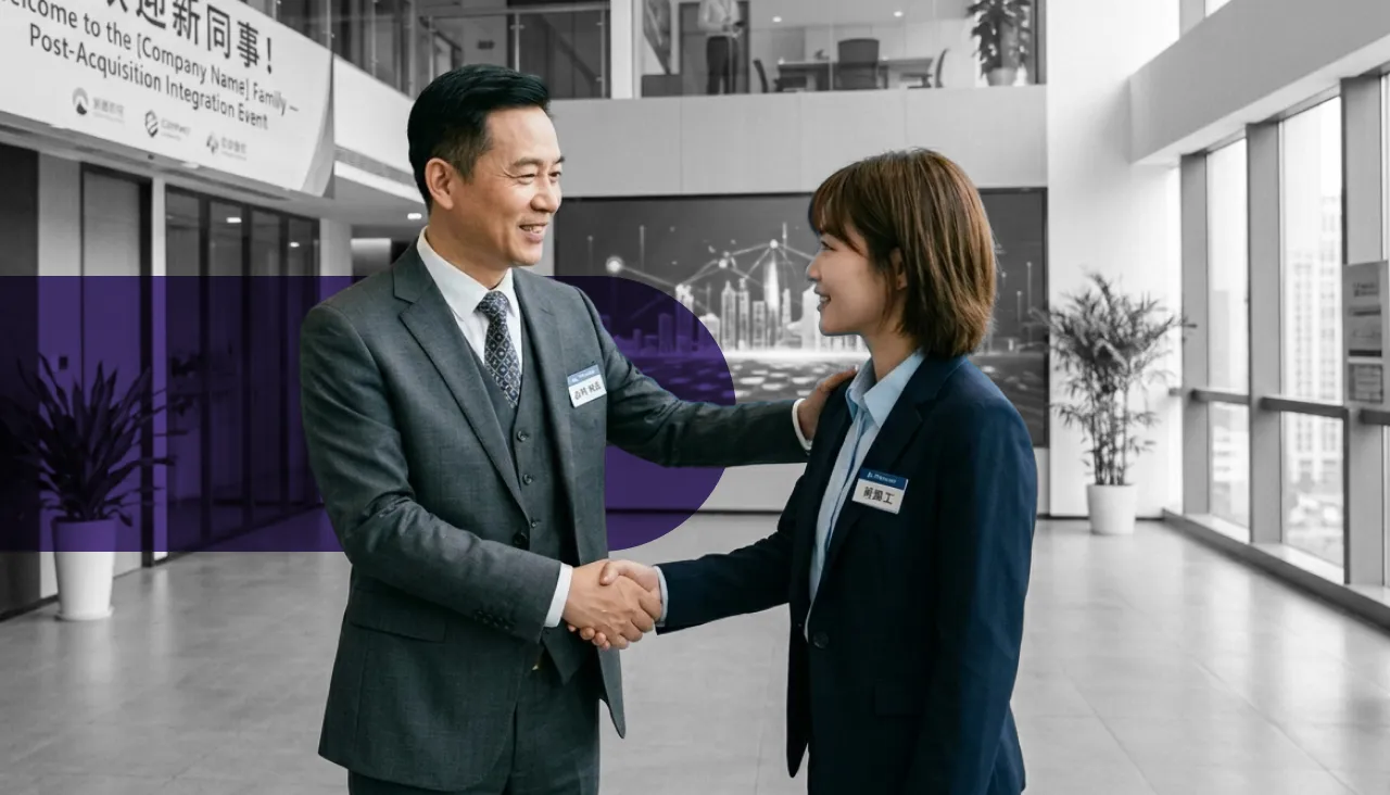 Two business professionals shaking hands in a corporate office