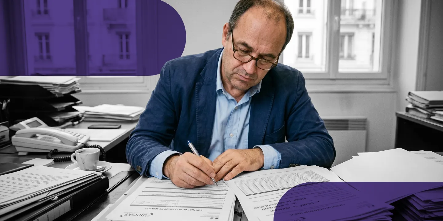 Business professional reviewing and signing documents at a desk
