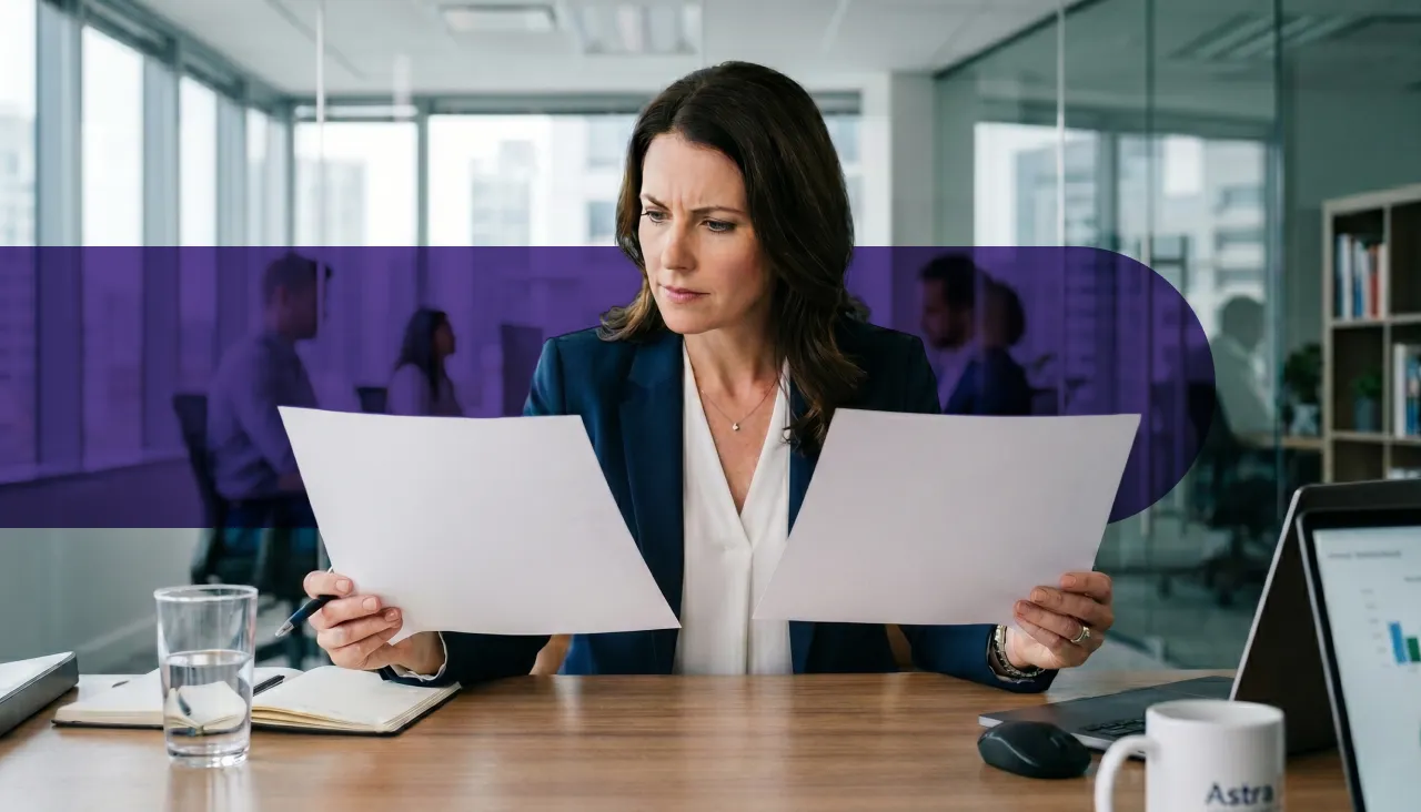 Businesswoman in a suit intently reviews documents at an office desk with a laptop.