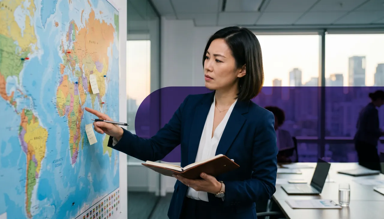 Businesswoman pointing at a world map in a modern office, holding an open notebook.