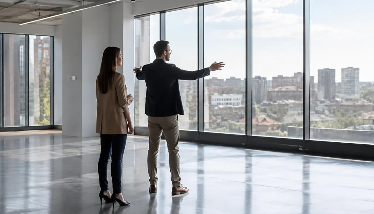 Two professionals view a city skyline from a spacious, empty office.