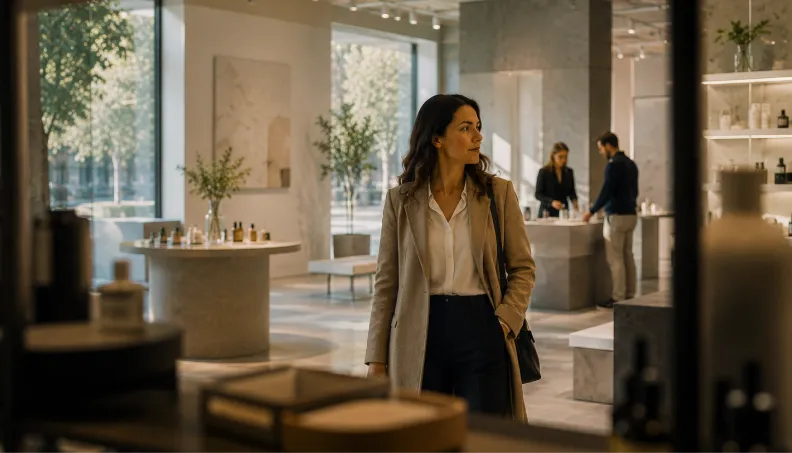 A woman in a beige coat walks through a bright, modern high-end store.