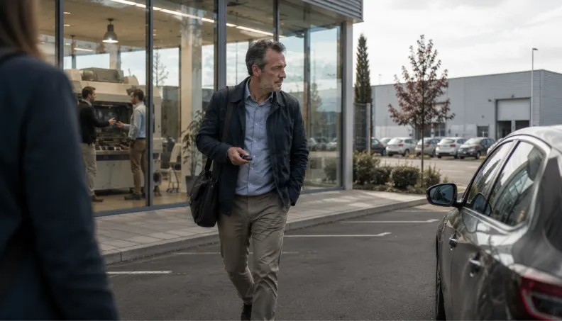 Man in a jacket and khaki pants walks towards a gray car near a modern building.