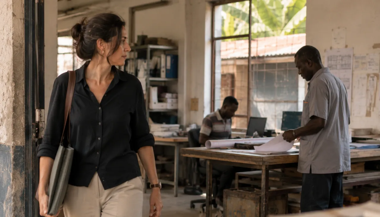 A woman with dark hair walks into a workshop, glancing over her shoulder at men working.