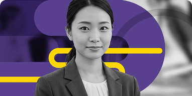 Young East Asian professional woman in suit, looking at camera, with abstract graphic background.