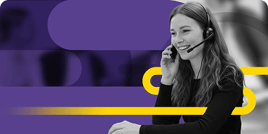 Smiling woman with headset provides customer support against a vibrant, abstract background.