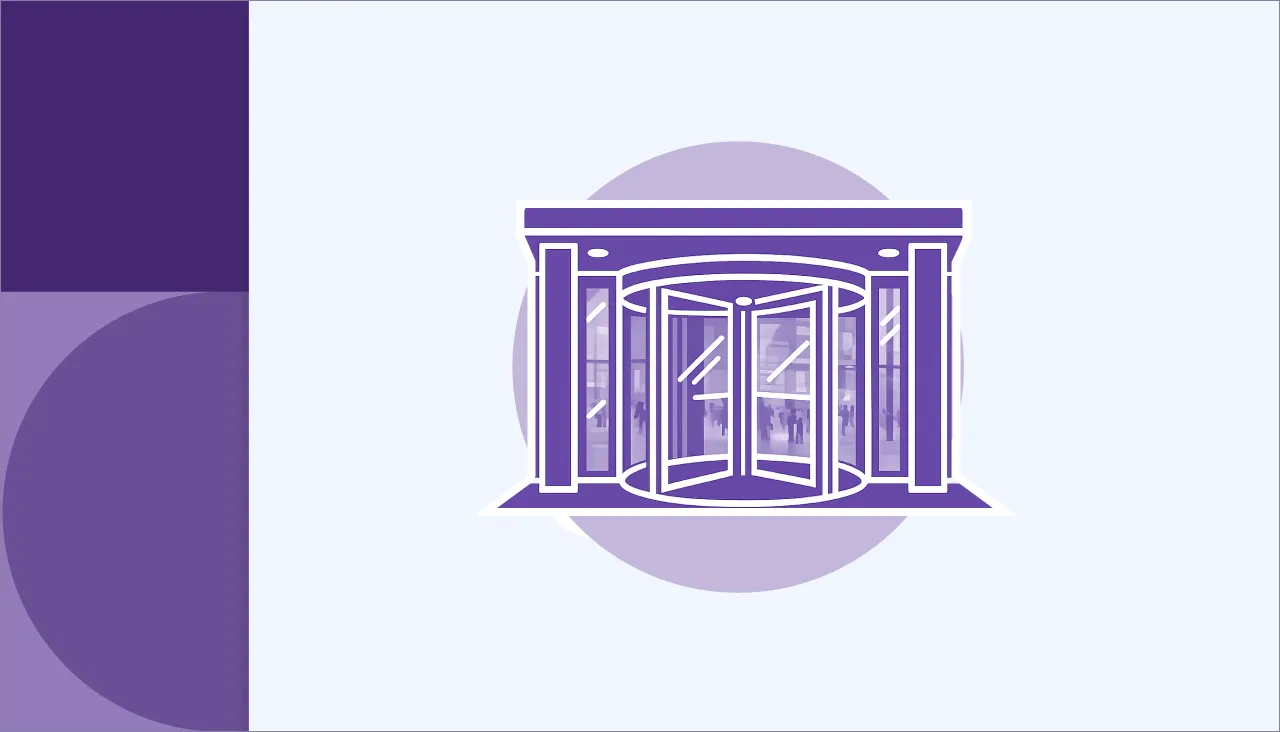 Purple line drawing of a classic revolving door with columns on a light background.
