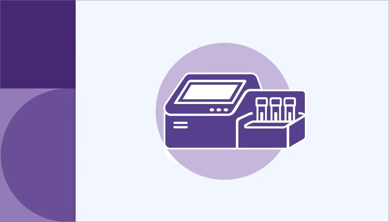 Medical testing machine icon with samples in test tubes, on a purple and white background.
