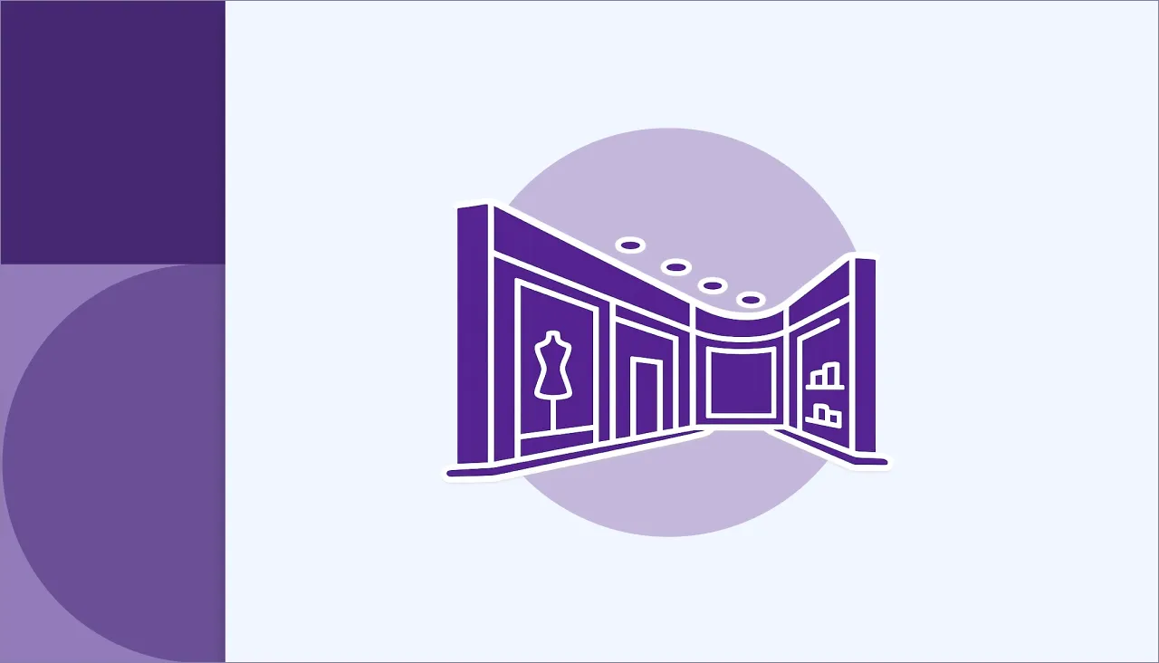 Purple line art illustration of a modern retail store interior with a mannequin and display shelves.