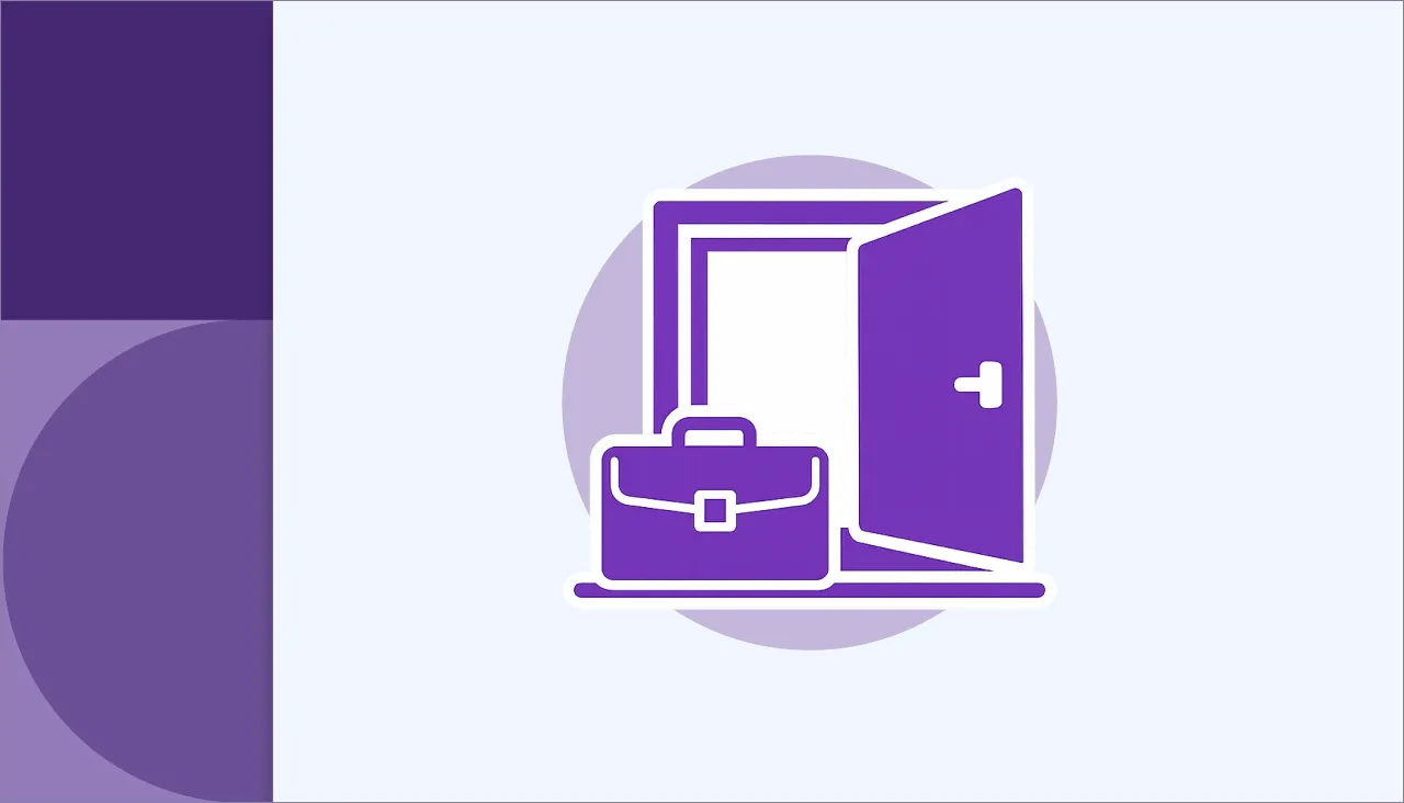 Purple icon showing an open door with a briefcase, symbolizing new opportunities.