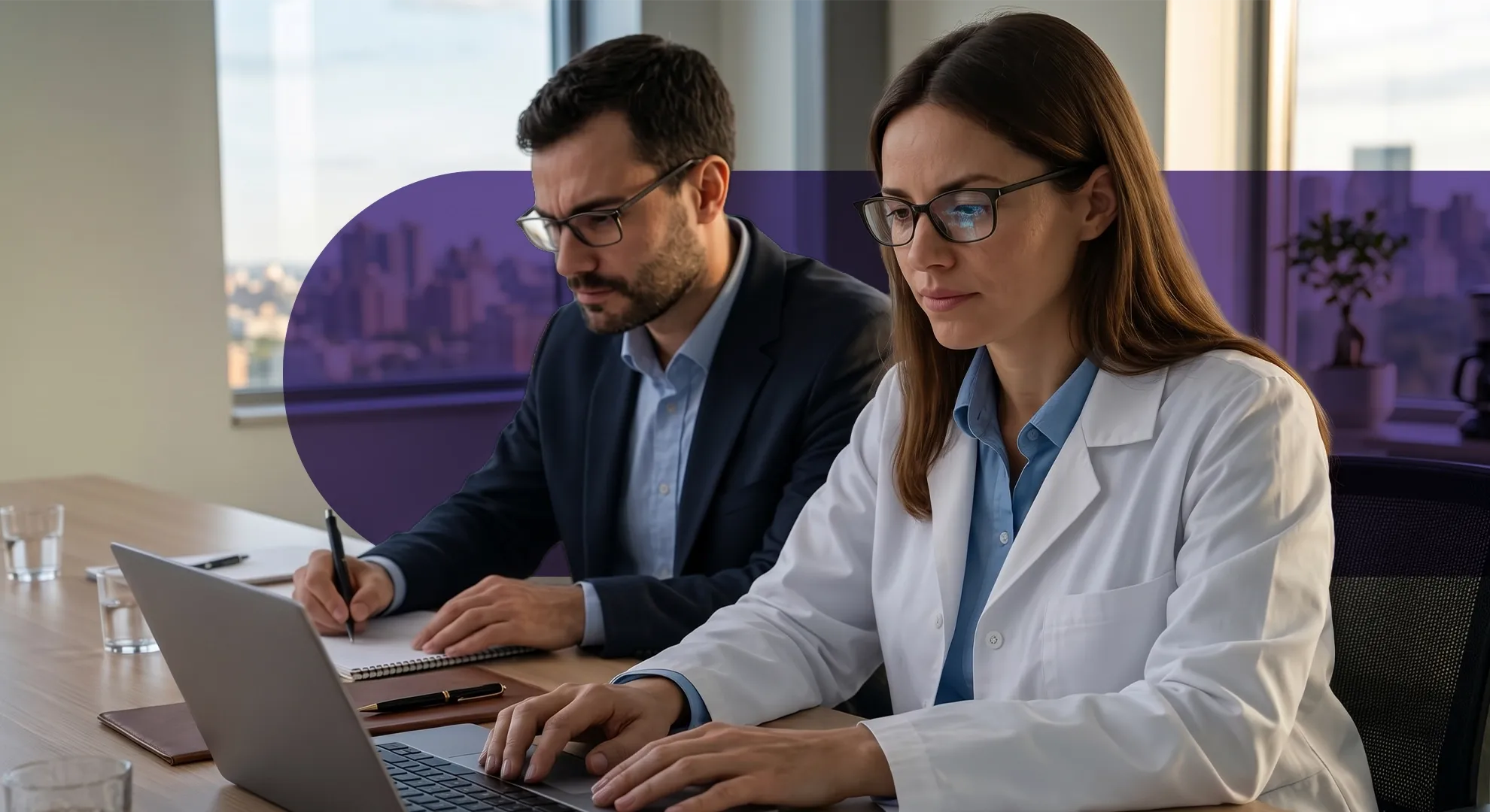 Two professionals working on laptops together in a modern office
