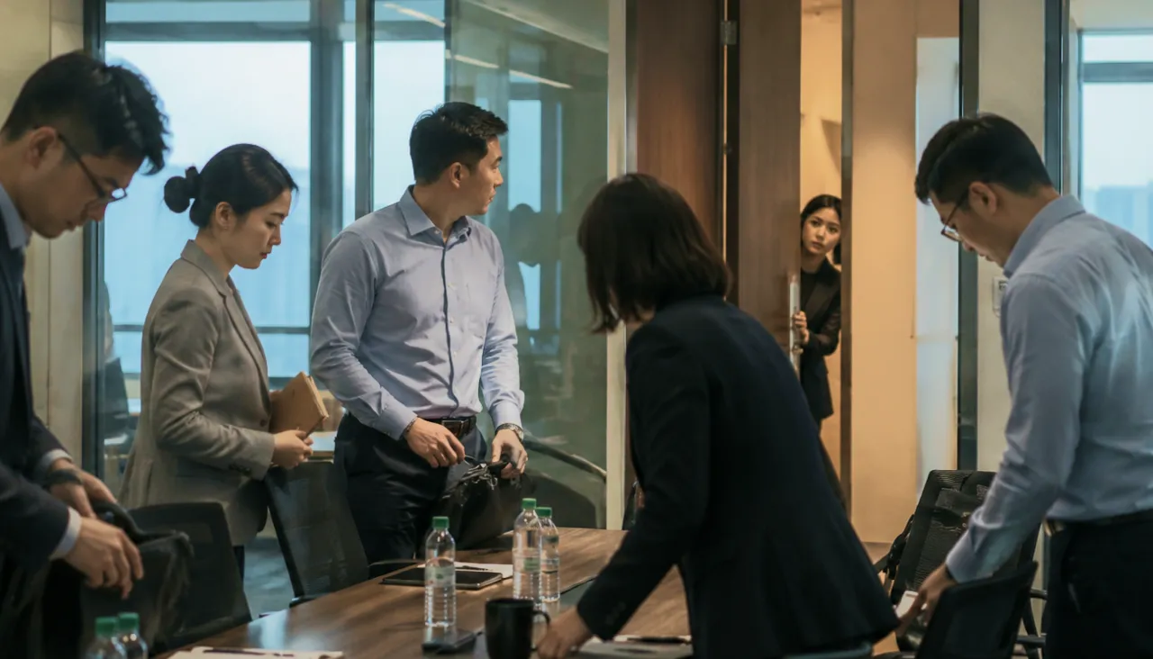 Business professionals gather around a conference table in a modern office setting.