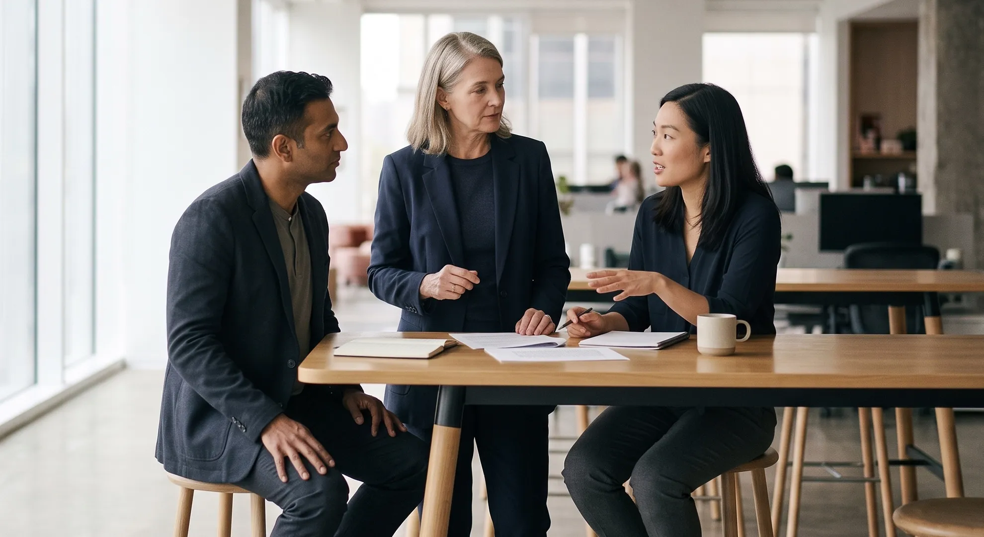Three business professionals discussing documents during a meeting in a modern office