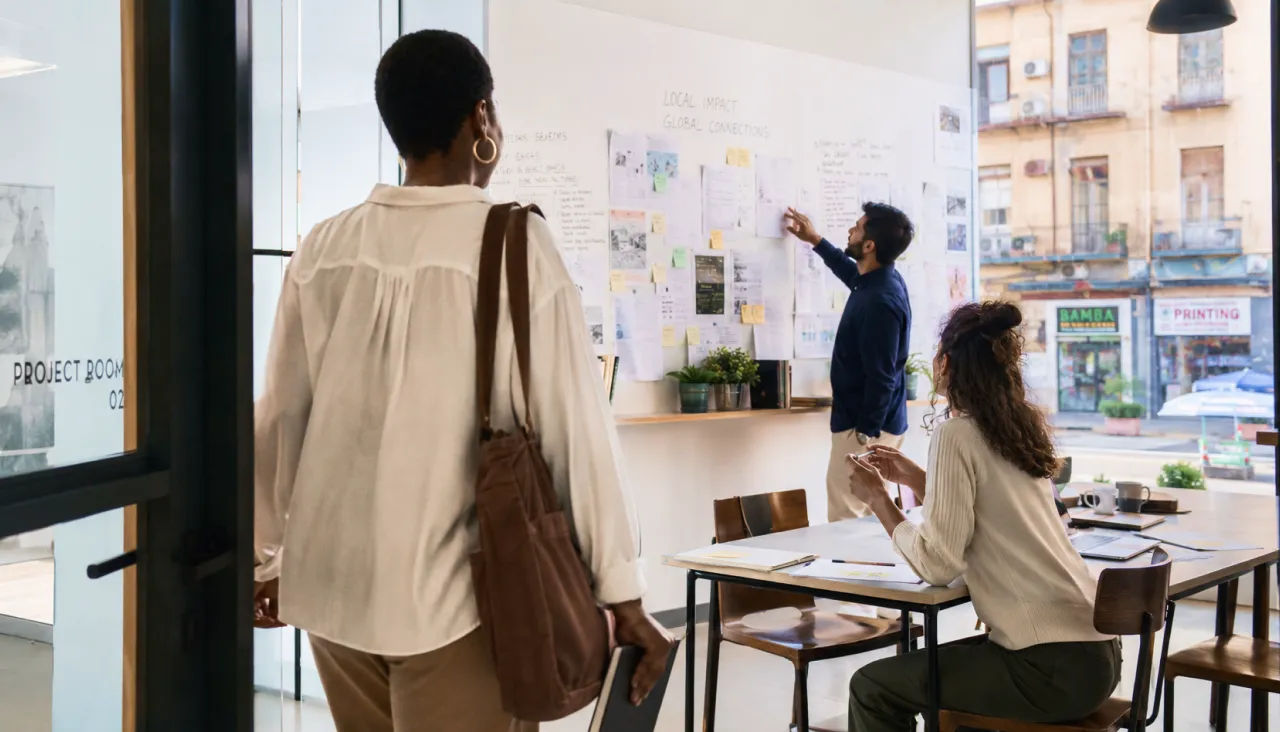 Woman entering a bright office where colleagues collaborate on a whiteboard project.