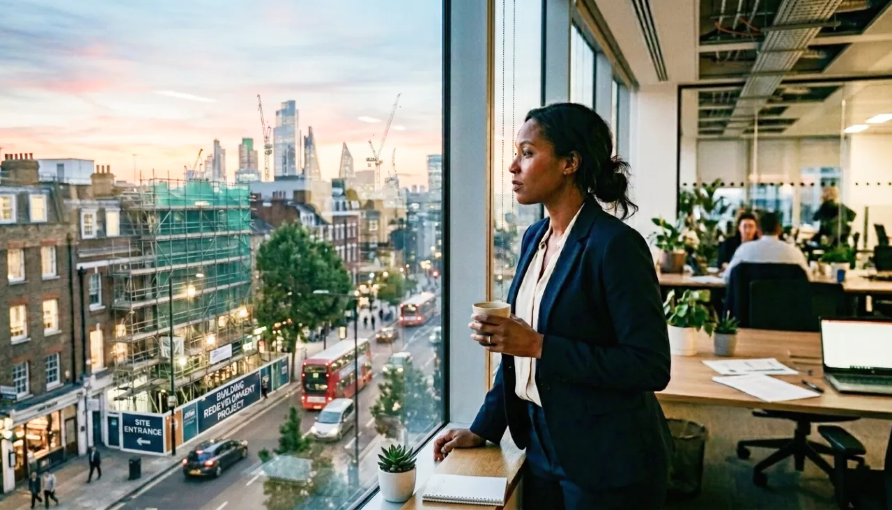 Professional woman gazes thoughtfully out office window at a city street at dusk.