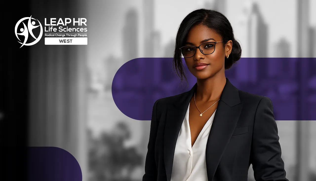 Professional woman featured in LEAP HR Life Sciences West banner
