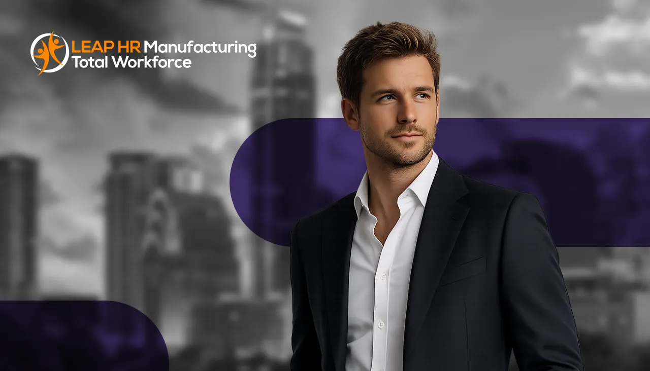 Business professional featured in LEAP HR Manufacturing Total Workforce banner
