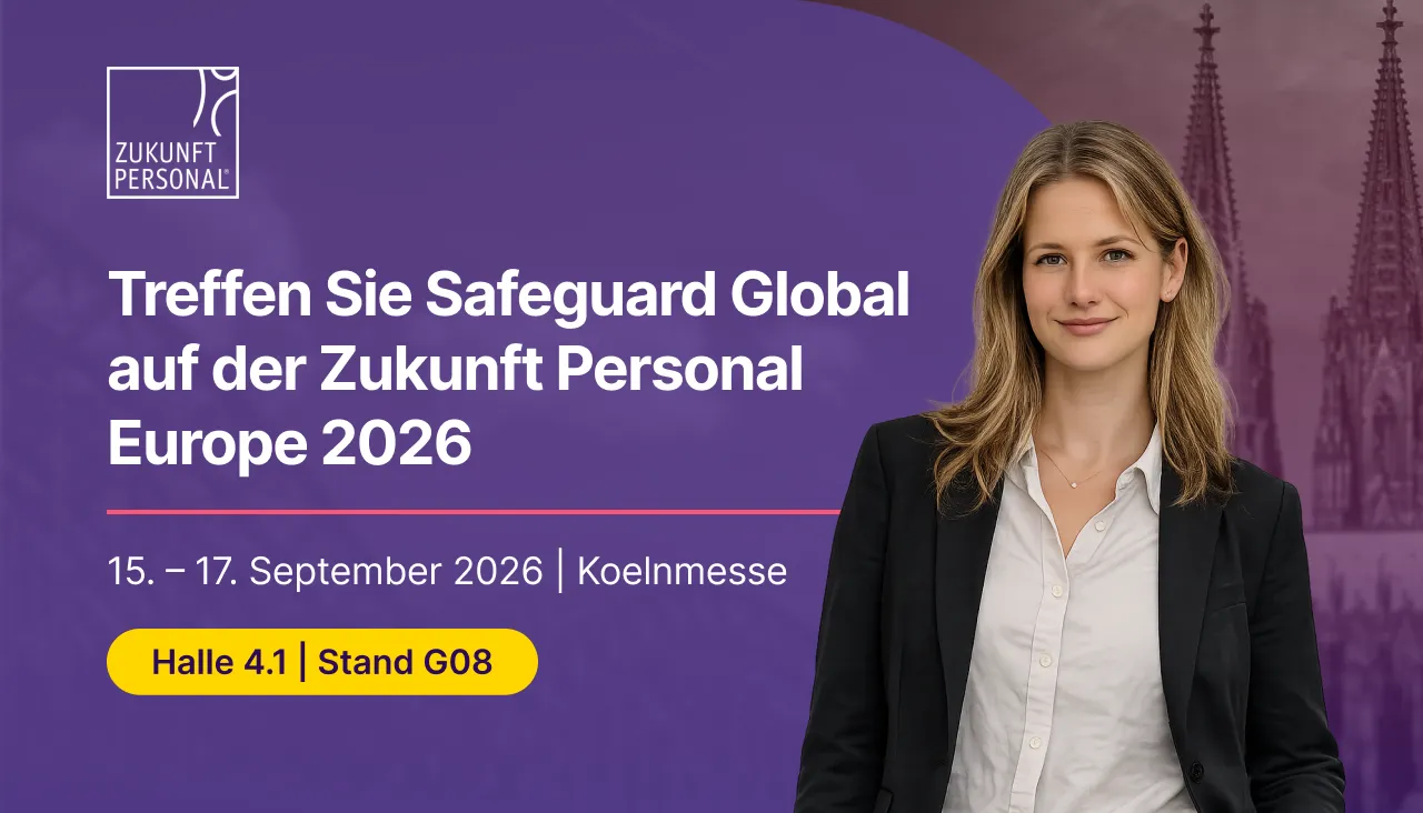A woman smiles, promoting Safeguard Global at Zukunft Personal Europe 2026 in Cologne.