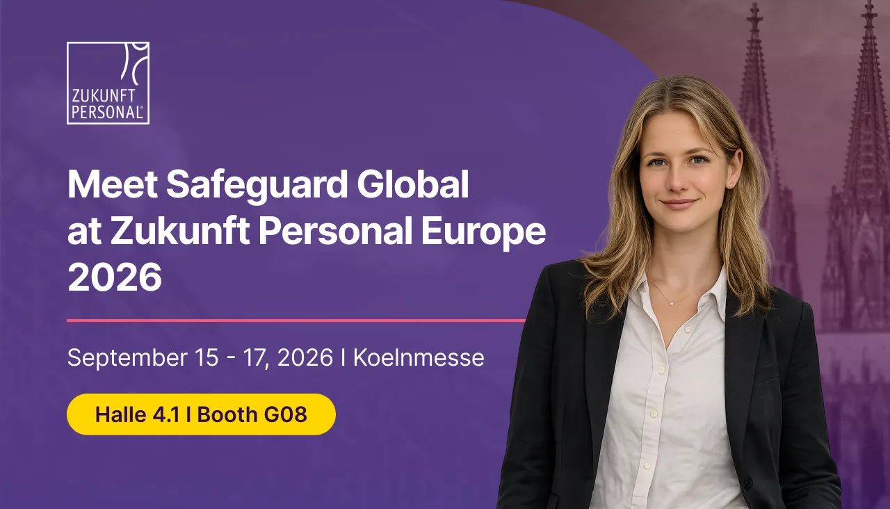 Young woman smiles next to event details for Safeguard Global at Zukunft Personal Europe 2026.