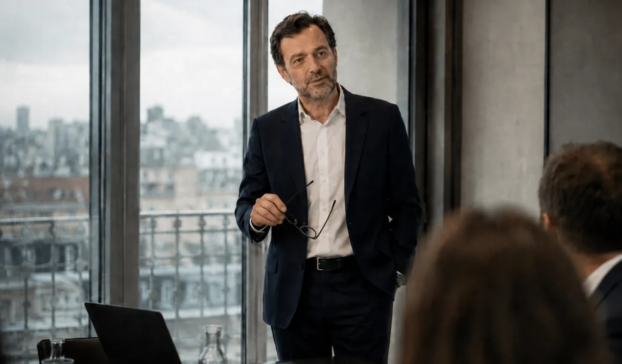 Businessman in a dark suit speaking at a meeting, holding glasses, with a city view.