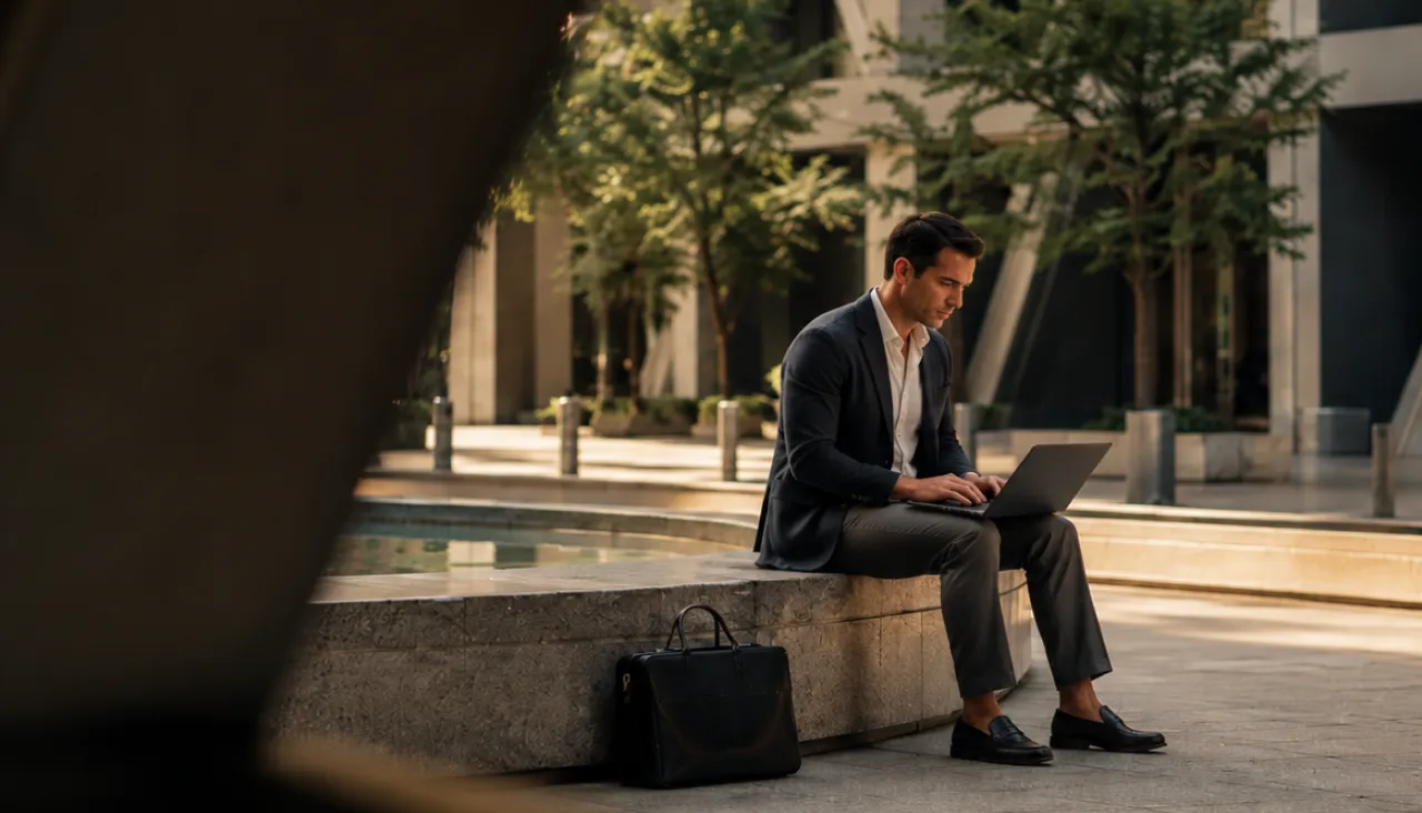 Man in business casual attire working on a laptop outdoors on a stone ledge.