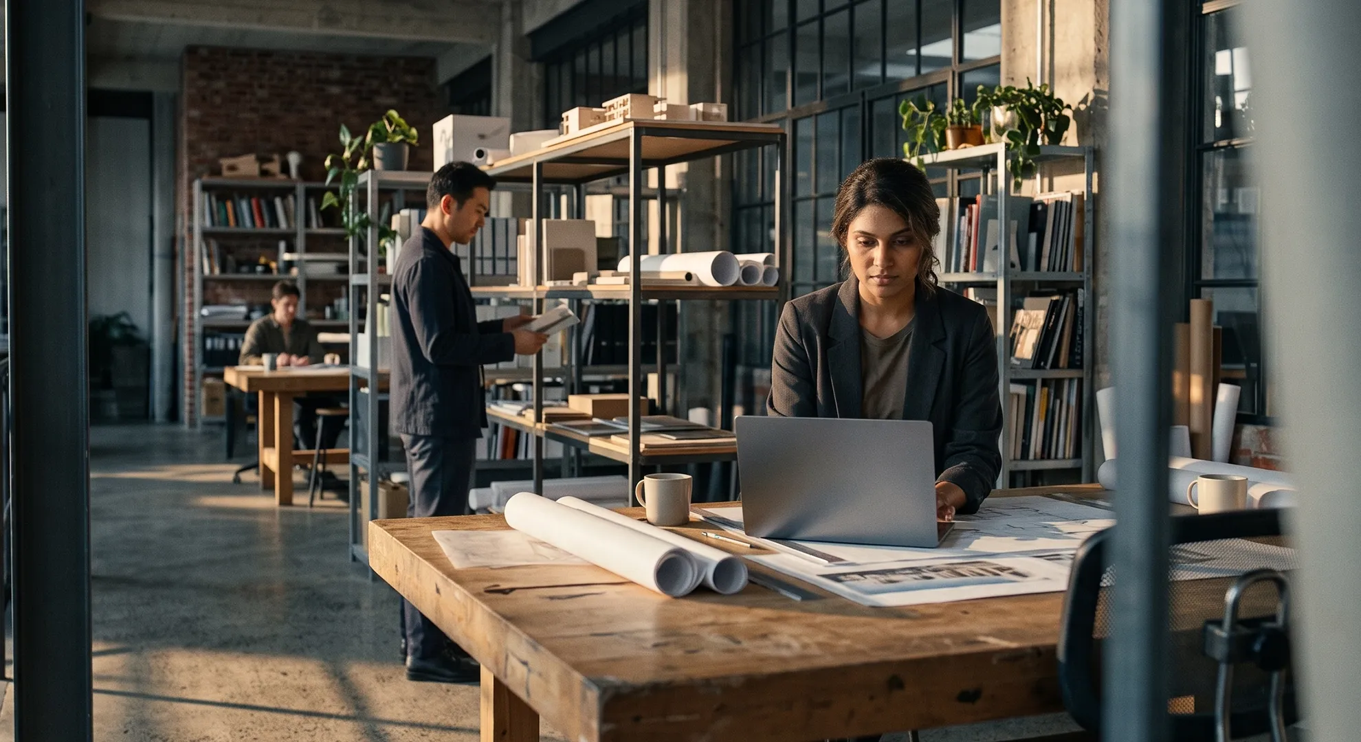 Professionals working on laptops and reviewing documents in a modern open-plan office