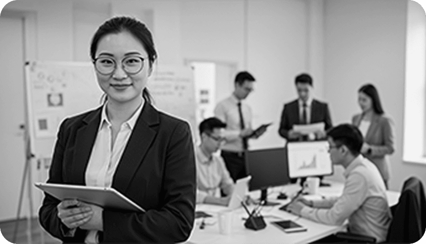 Woman standing in board room in front of team