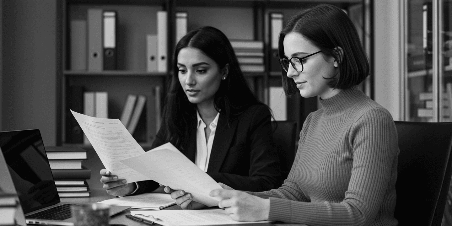 black and white image of two women looking at papers in an office