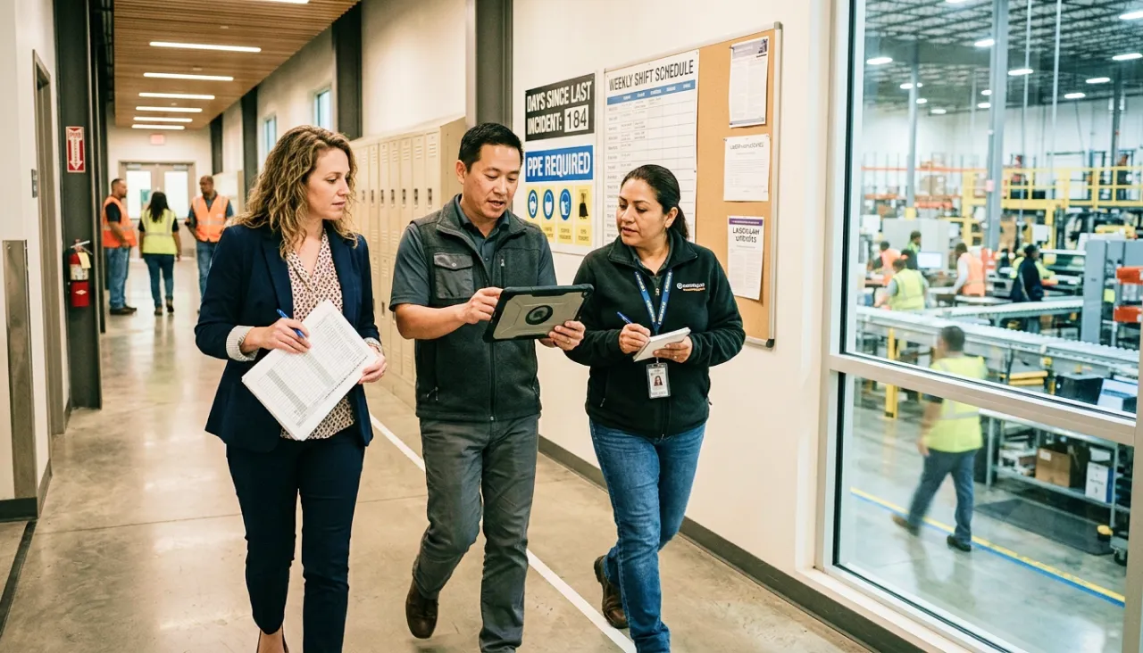 Three professionals walk down a modern hallway, reviewing a tablet with a busy factory visible.
