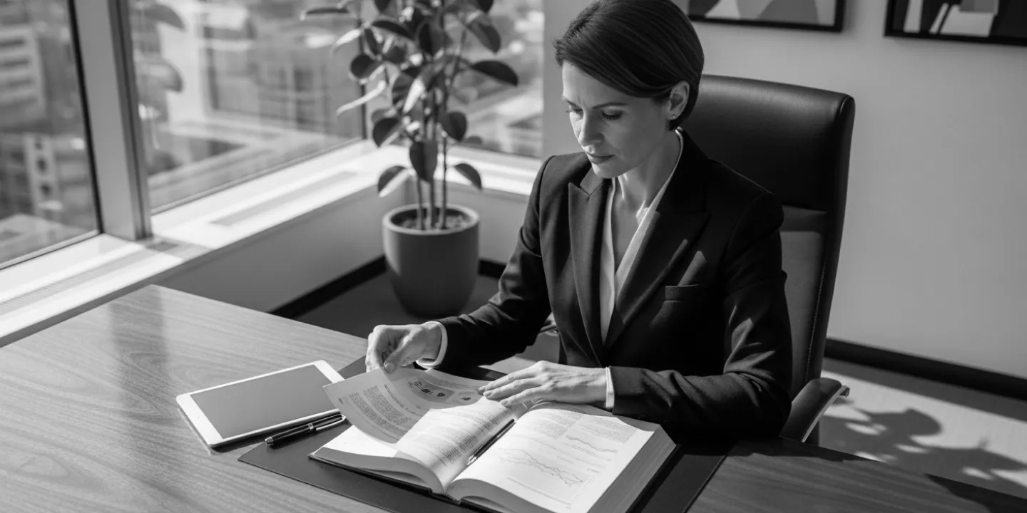 Professional woman in suit reviewing a large book at a desk in an office.