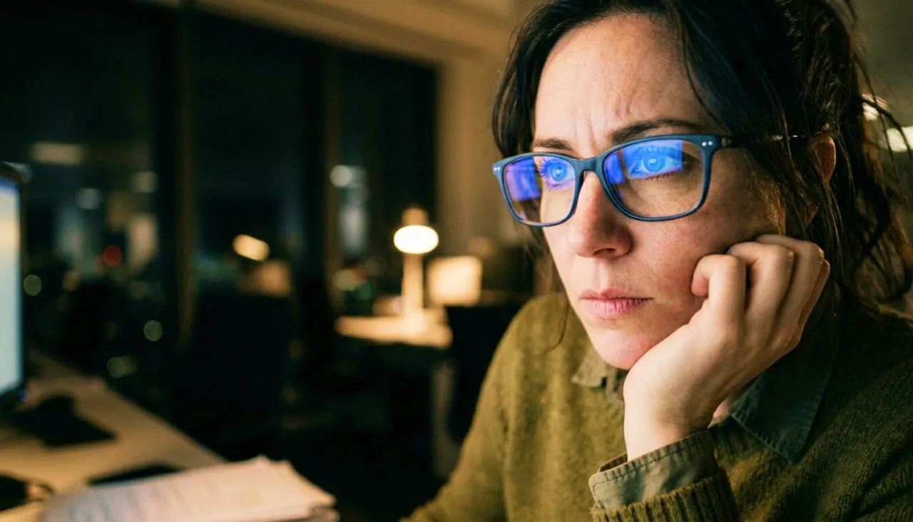 A woman with blue glasses intently watches a computer screen, illuminated by its glow.