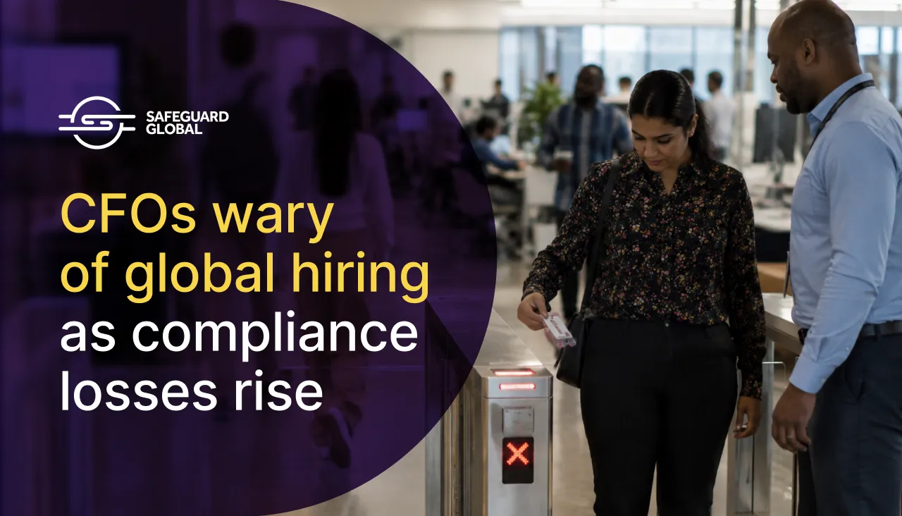 Woman swipes access card at turnstile, text: CFOs wary of global hiring.