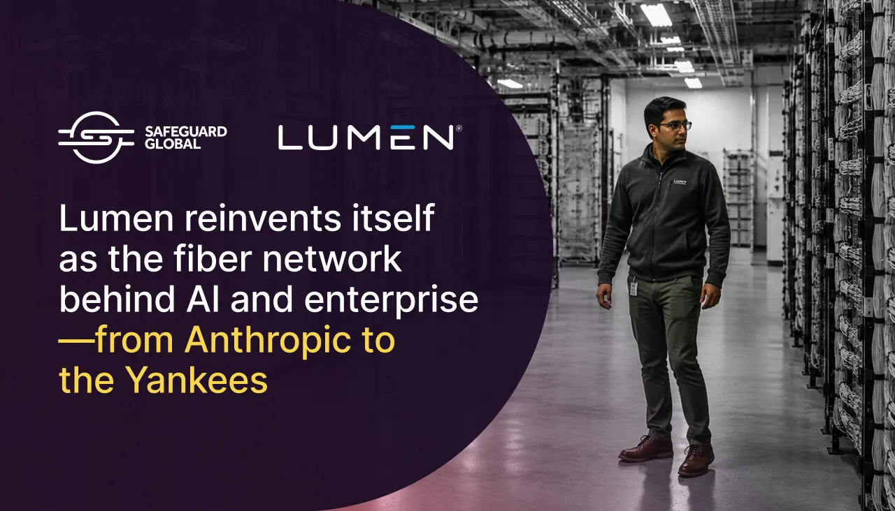 Man in server room with text 'Lumen reinvents itself as fiber network'.