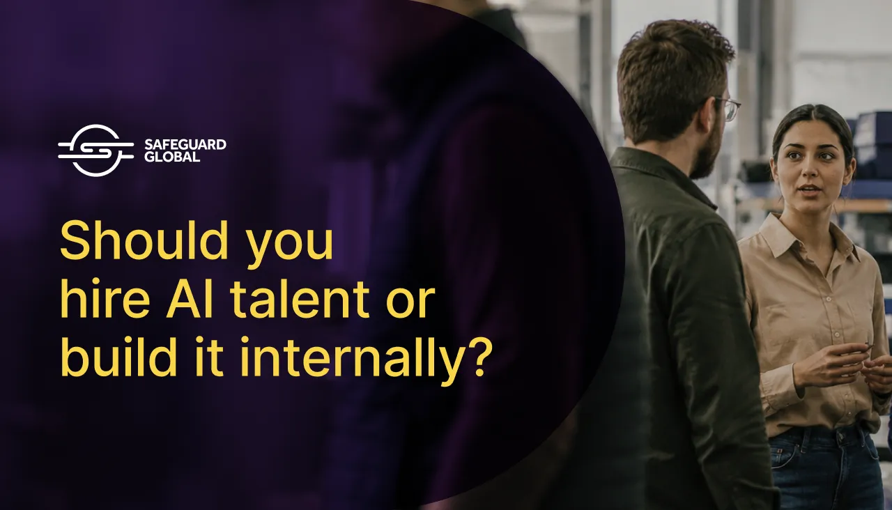 Three colleagues discuss AI talent acquisition, overlay text asks 'hire AI talent or build internally?'.