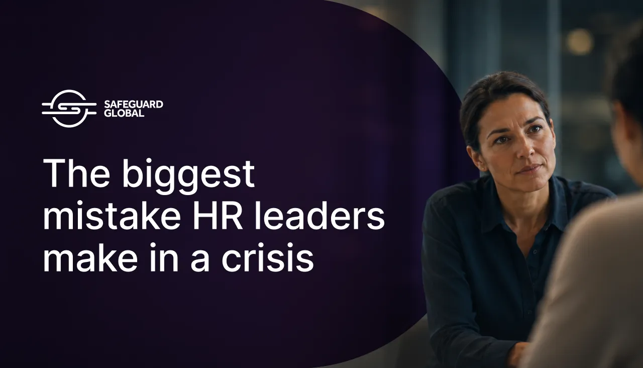 Two professionals discussing, with the headline "The biggest mistake HR leaders make in a crisis".