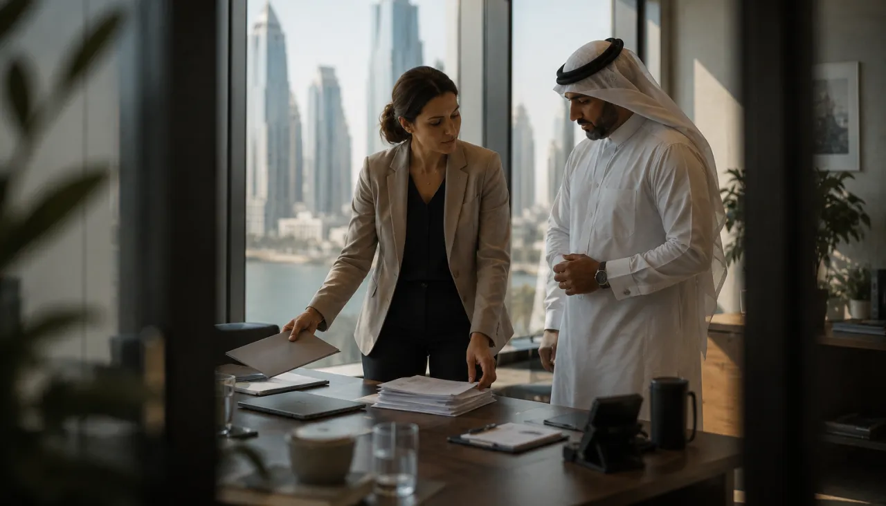 Two professionals discuss documents in a modern office with a city skyline view.