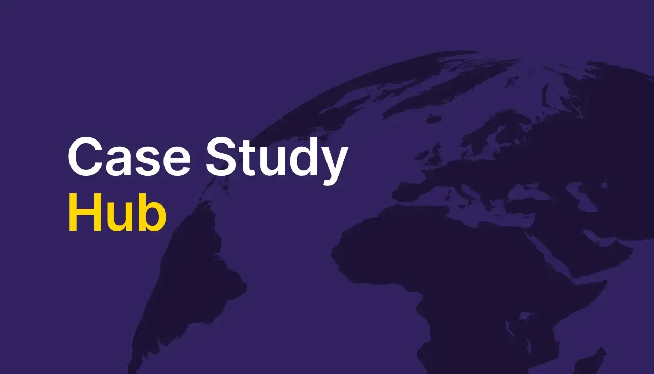 The words 'Case Study Hub' in white and yellow against a global map on a dark background.