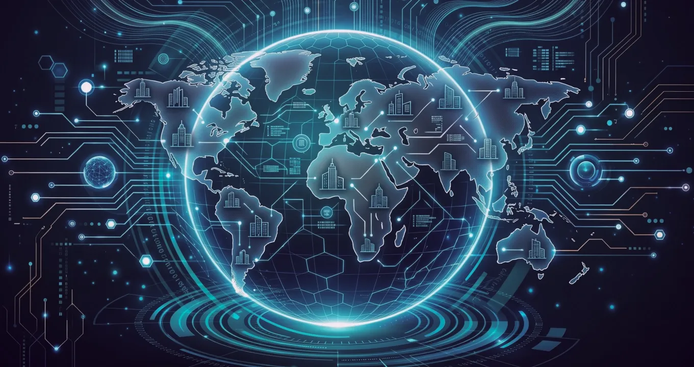 Glowing blue Earth hologram with circuit board patterns representing global digital connectivity and technology.