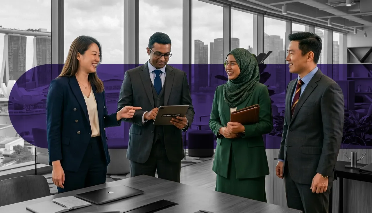 Four diverse business professionals collaborate and discuss in a modern office setting.