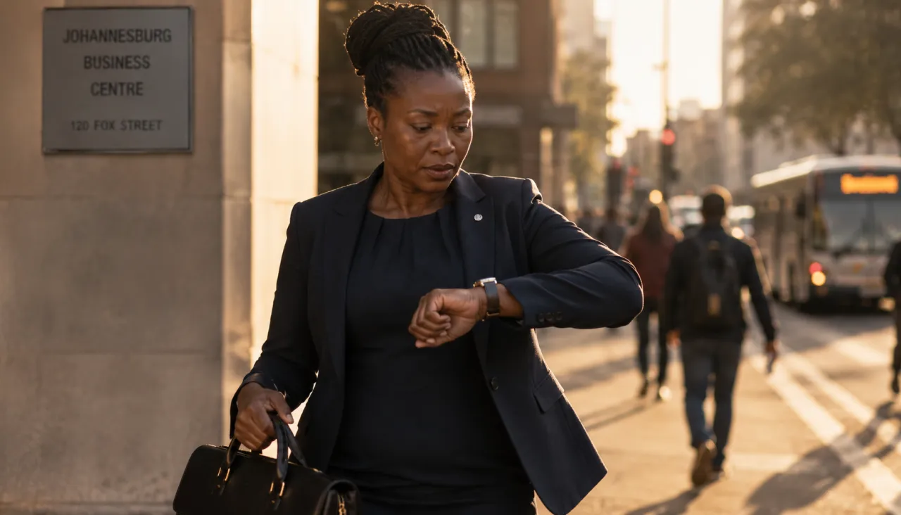 Businesswoman walking briskly on a city street, checking her watch in golden hour light.