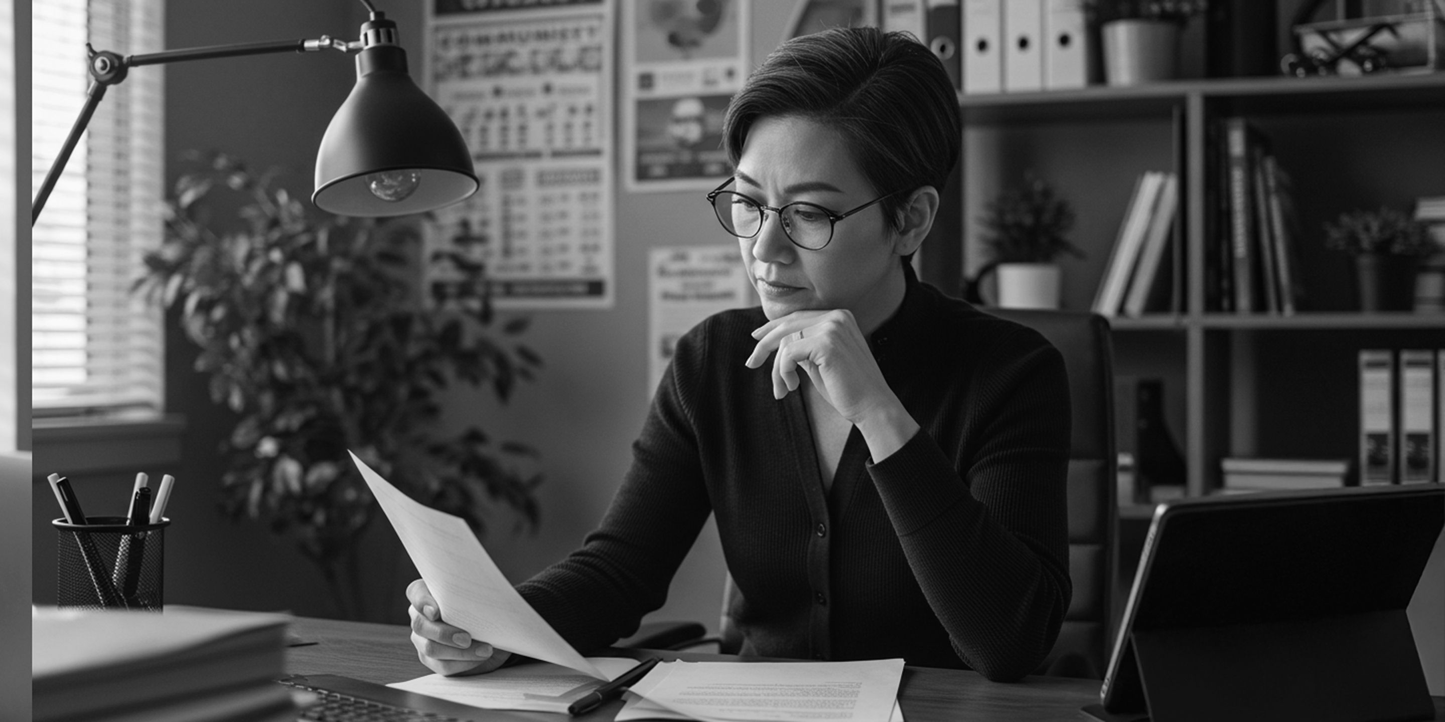 black and white image of woman sitting at her desk reviewing a document