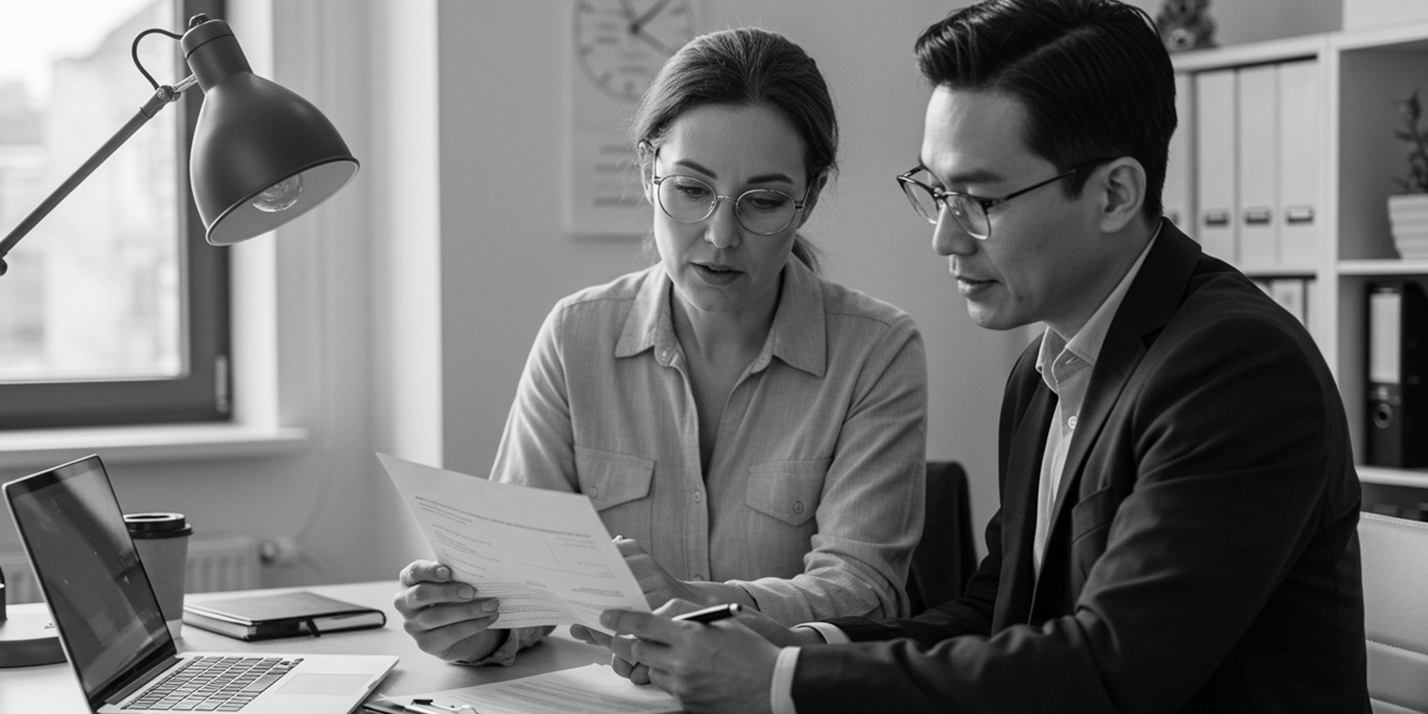 black and white image of a man and woman looking at a piece of paper in an office