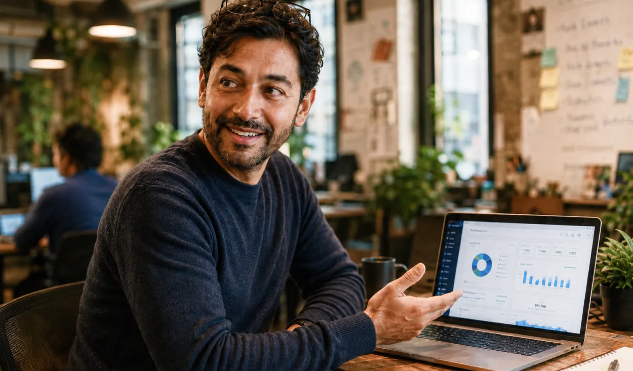 Smiling man pointing to a laptop displaying data charts in an office setting.
