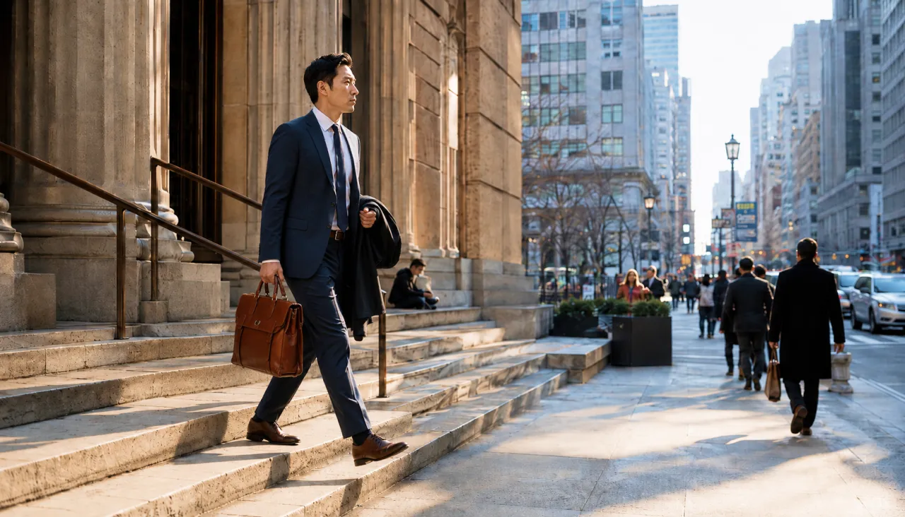 A well-dressed man in a suit walks down stone steps carrying a briefcase in a city.