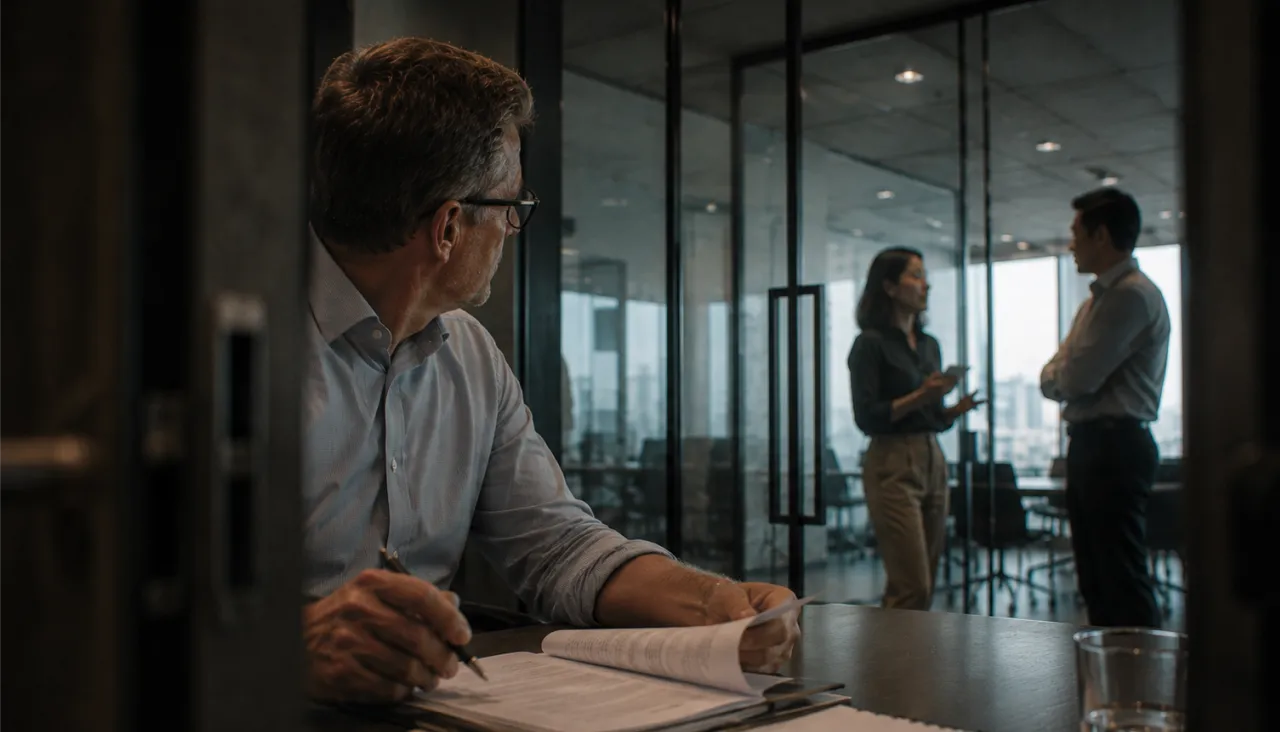 Man in glasses at a desk looks at colleagues talking in a glass office.