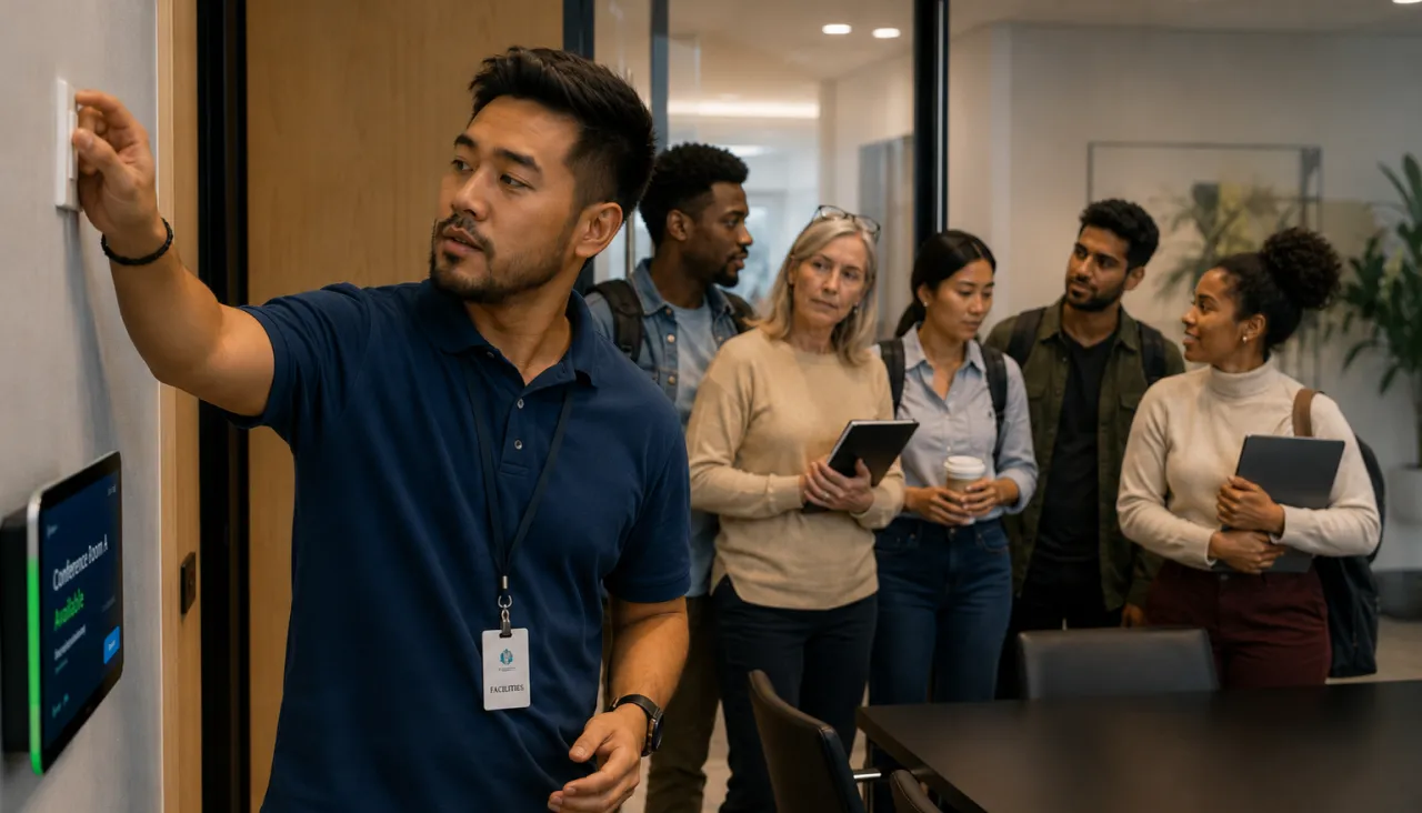 Man adjusts a smart wall panel as a diverse group watches in an office setting.